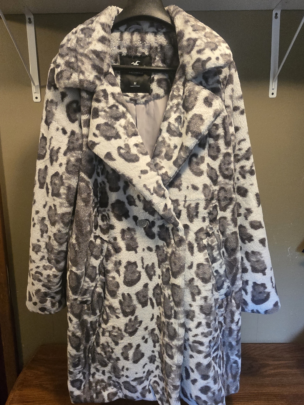 Hollister Gray and White Leopard Print Trench Coat
